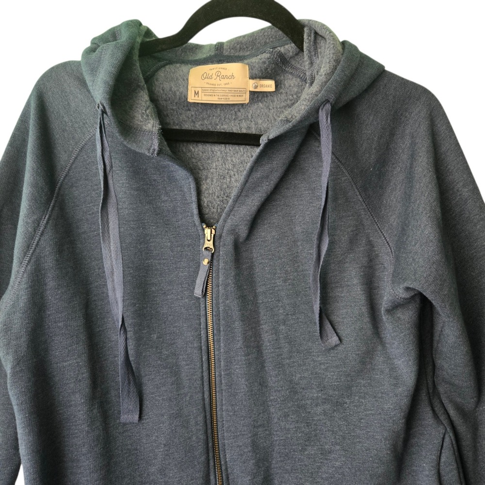 Old Ranch Organic Cotton Blend Zip Up Hoodie Blue Heathered Curved Hem Mens M